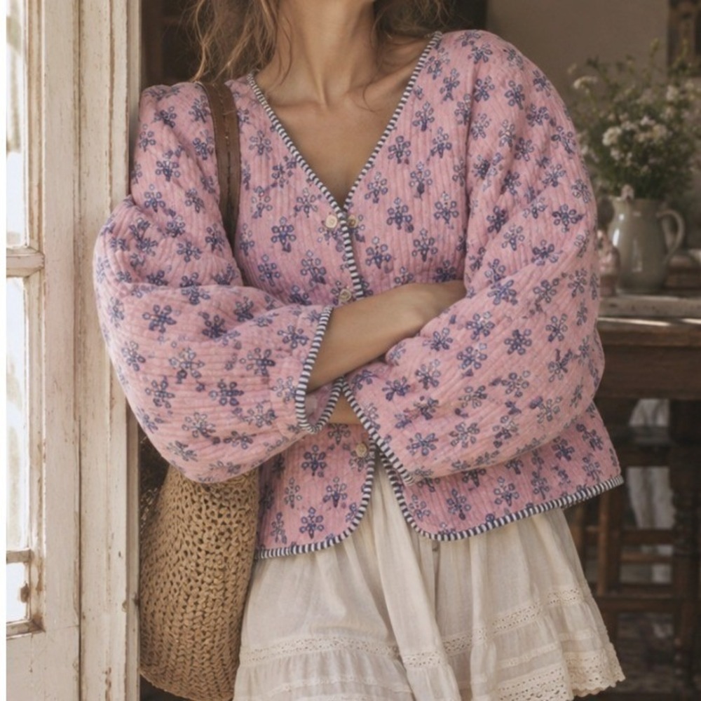 Quilted Jacket Block Print Floral XL Pink Boho Cottagecore Coastal Fall Cotton